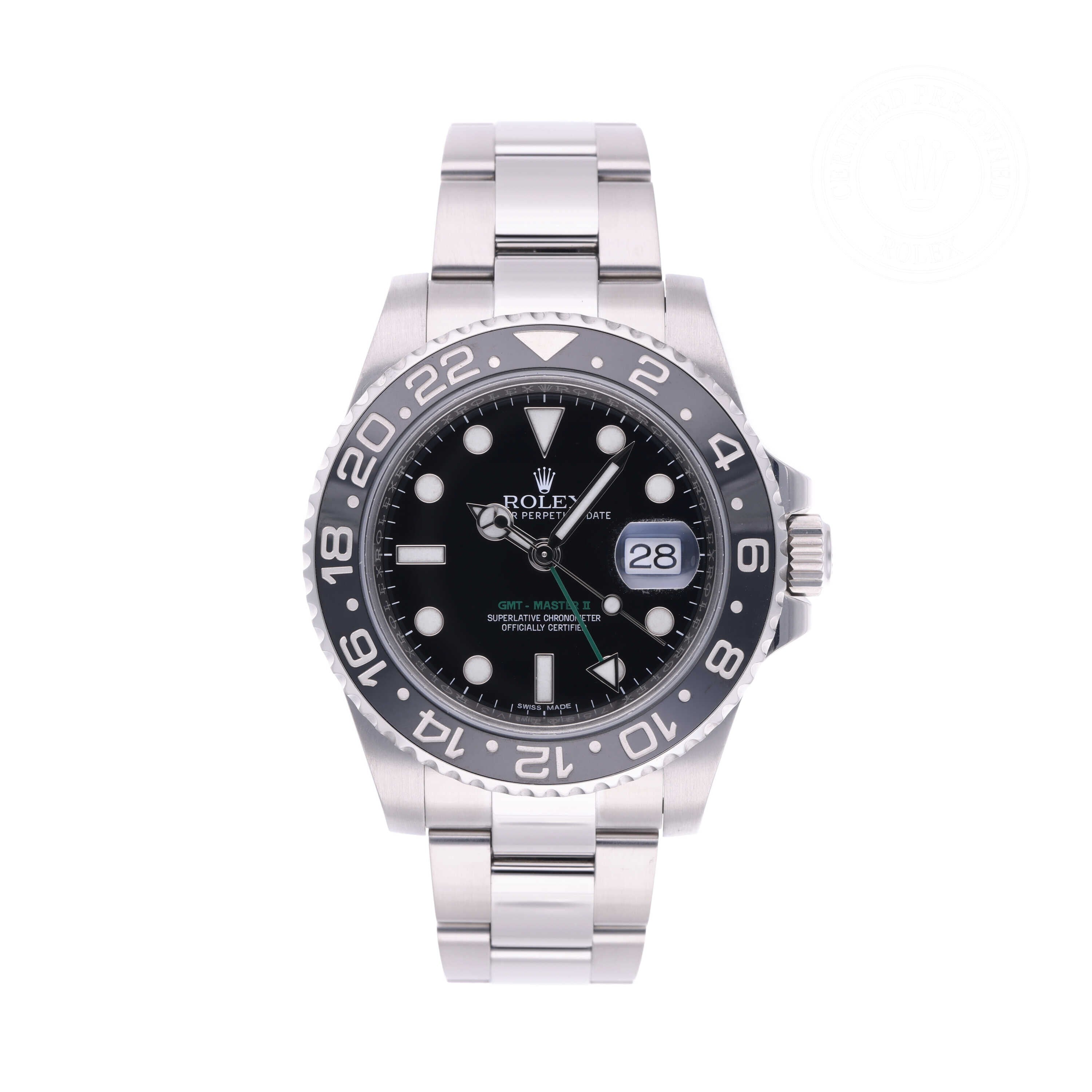 Rolex Certified Pre-owned GMT M116710LN-0001 front on white background
