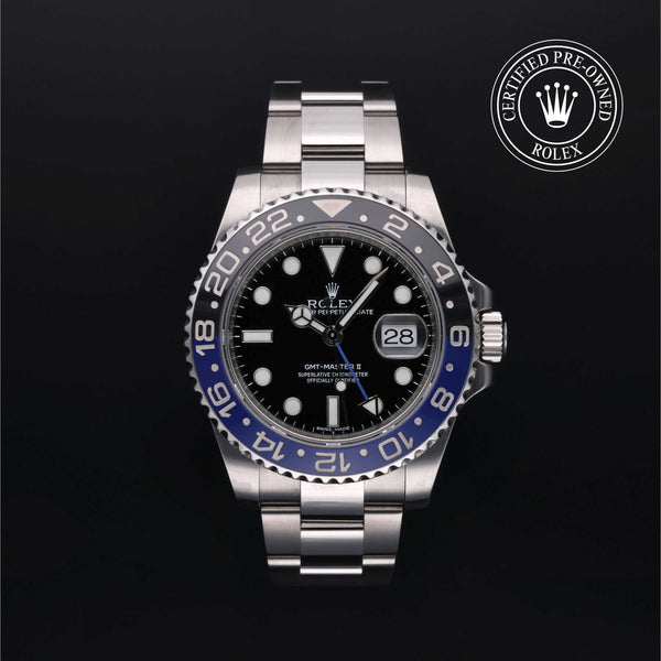 Rolex Certified Pre-owned GMT M116710BLNR-0002 front on black background