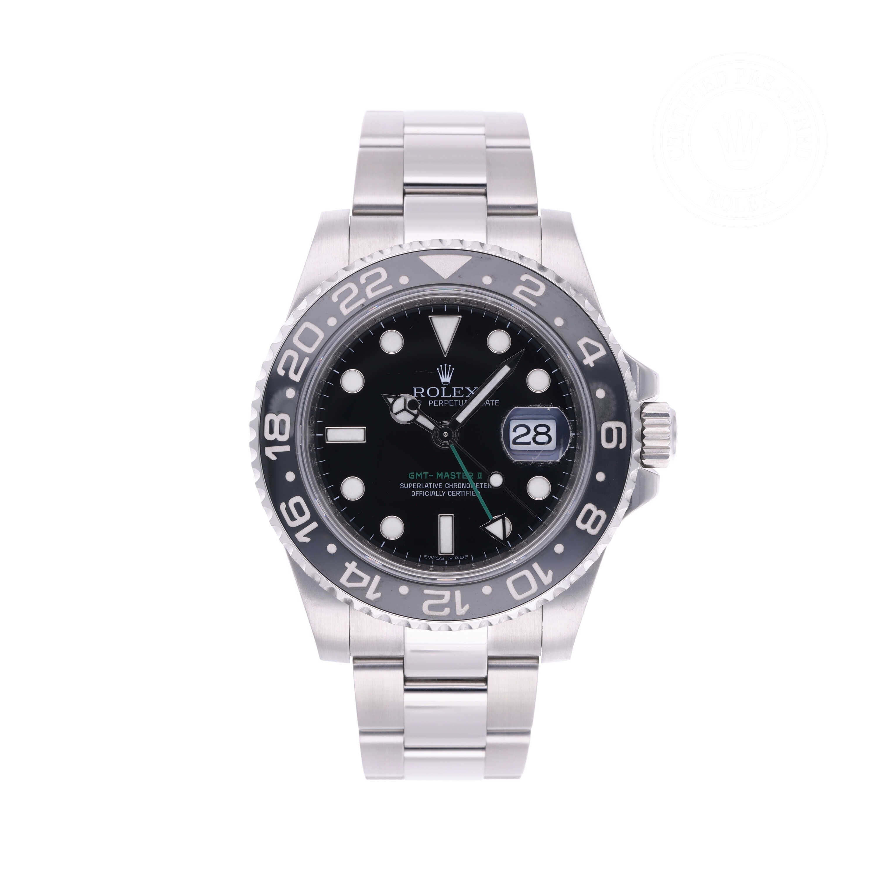 Rolex Certified Pre-owned GMT M116710LN-0001 front on white background