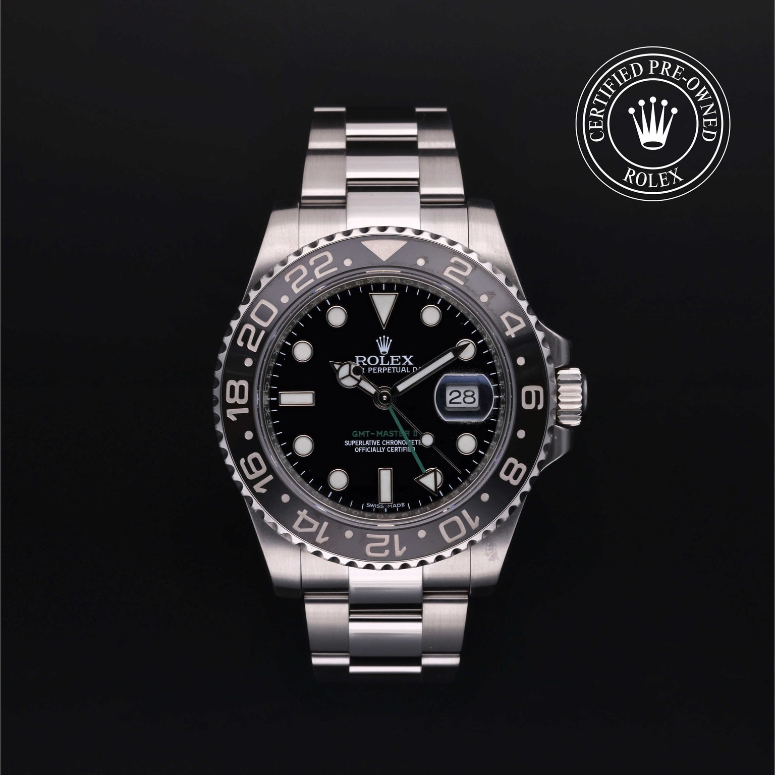 Rolex Certified Pre-owned GMT M116710LN-0001 front on black background