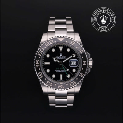 Rolex Certified Pre-owned GMT M116710LN-0001 front on black background