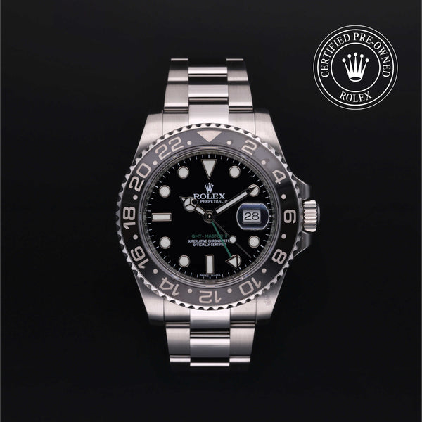 Rolex Certified Pre-owned GMT M116710LN-0001 front on black background
