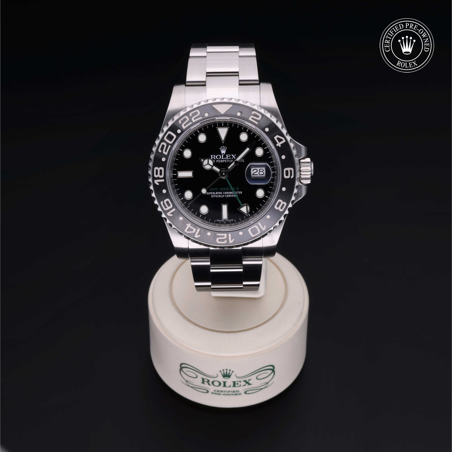 Rolex Certified Pre-owned GMT M116710LN-0001 front on black background