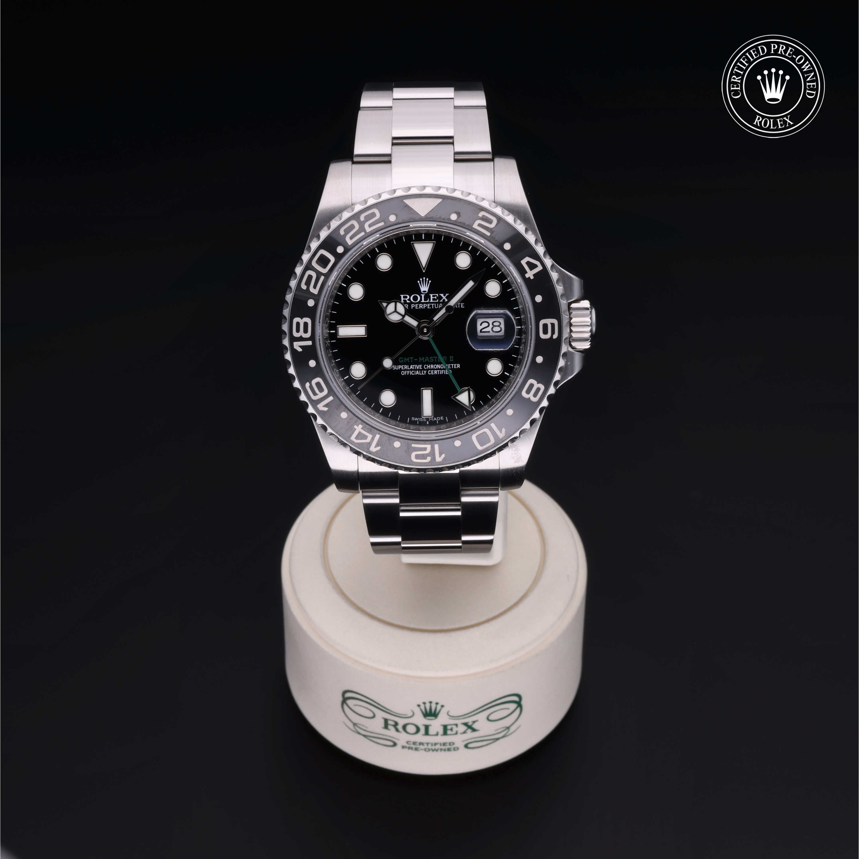 Rolex Certified Pre-owned GMT M116710LN-0001 front on black background