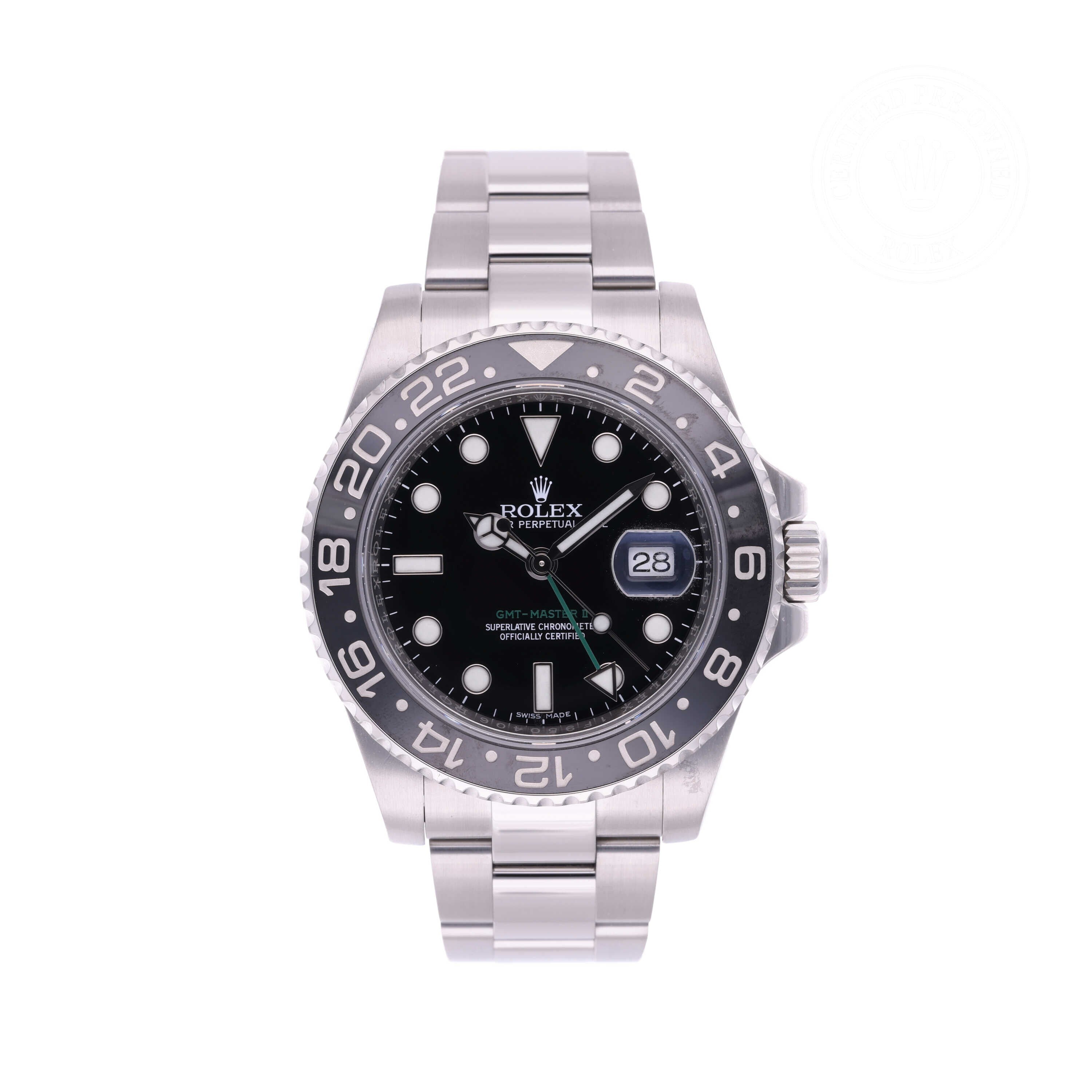 Rolex Certified Pre-owned GMT M116710LN-0001 front on white background