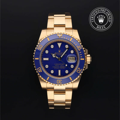 Rolex Certified Pre-owned Submariner M116618LB-0002 front on black background