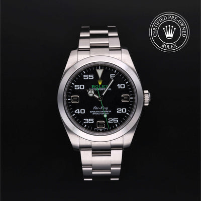 Rolex Certified Pre-owned Air-King M116900-0001 front on black background