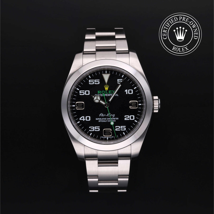 Rolex Certified Pre-owned Air-King M116900-0001 front on black background