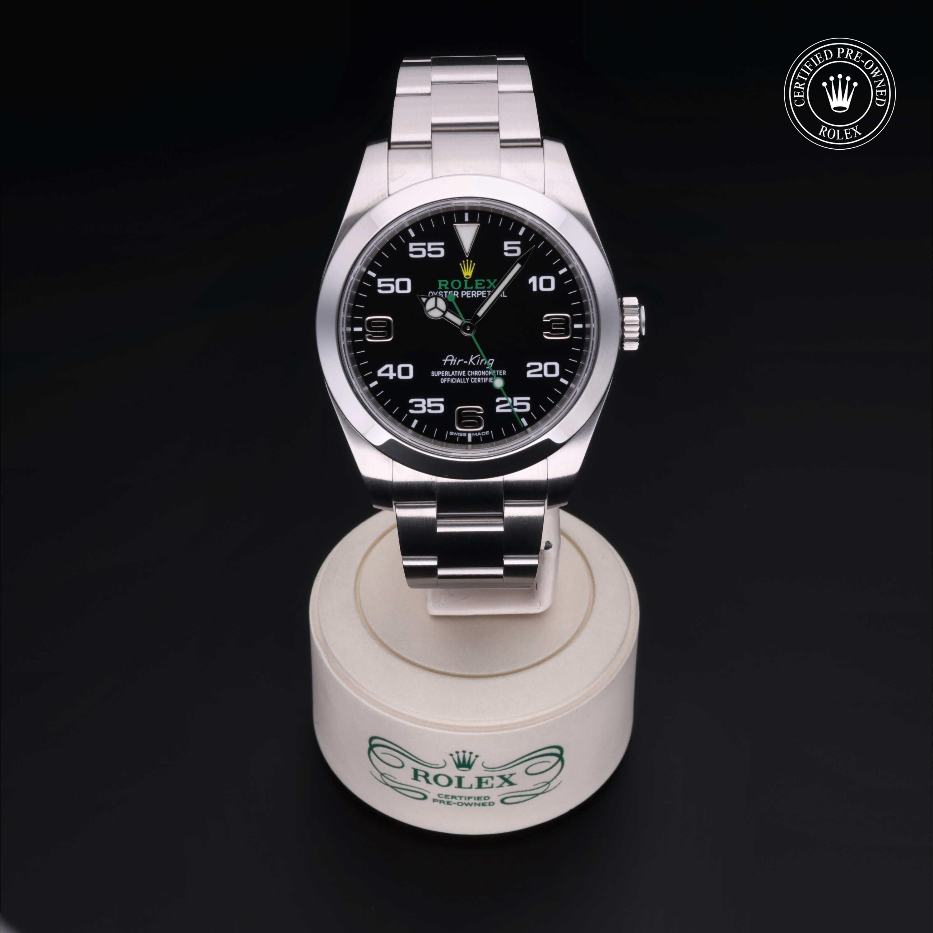Rolex Certified Pre-owned Air-King M116900-0001 front on black background