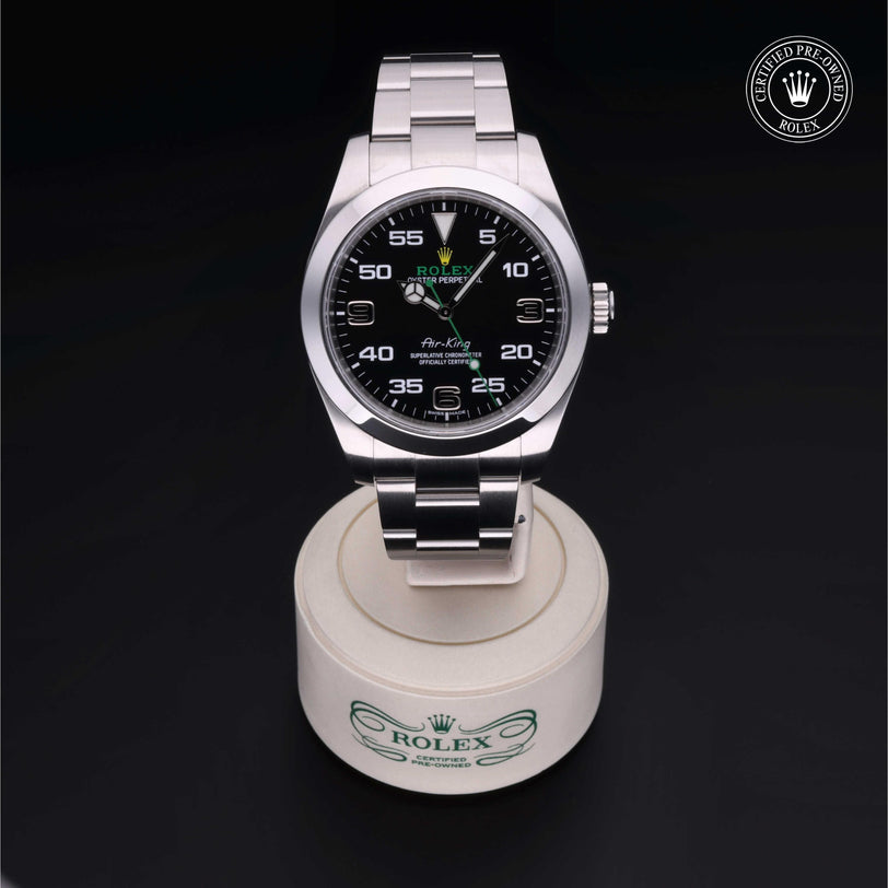 Rolex Certified Pre-owned Air-King M116900-0001 front on black background