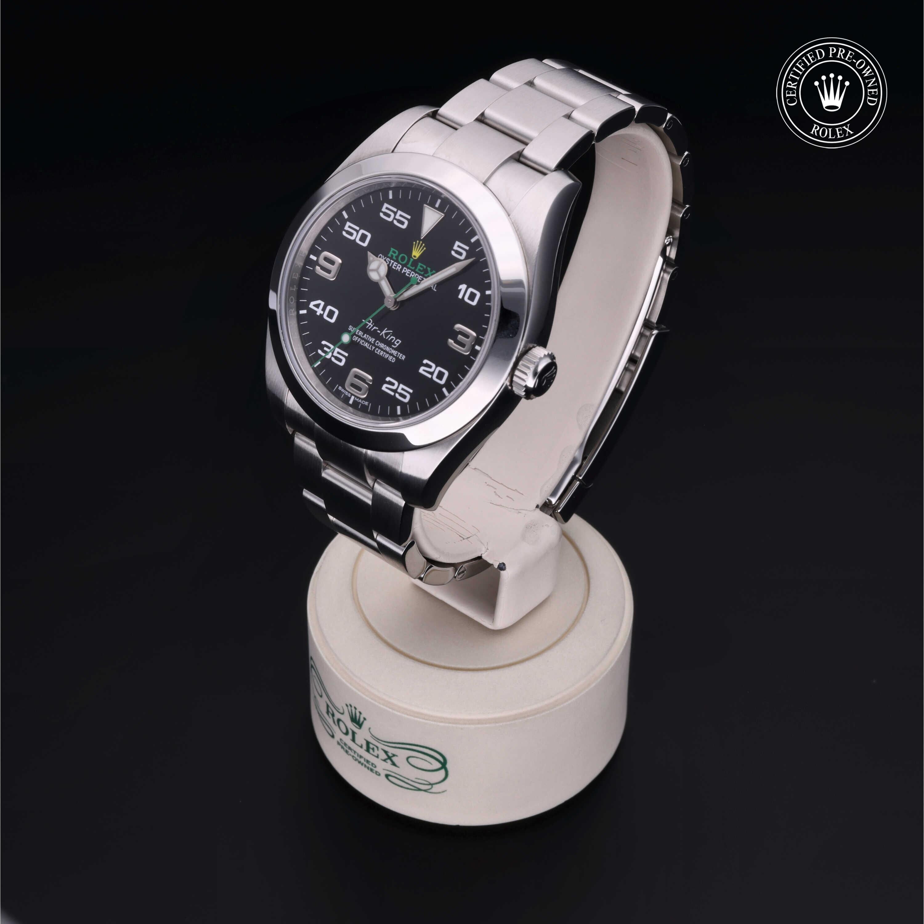 Rolex Certified Pre-owned Air-King M116900-0001 front on black background