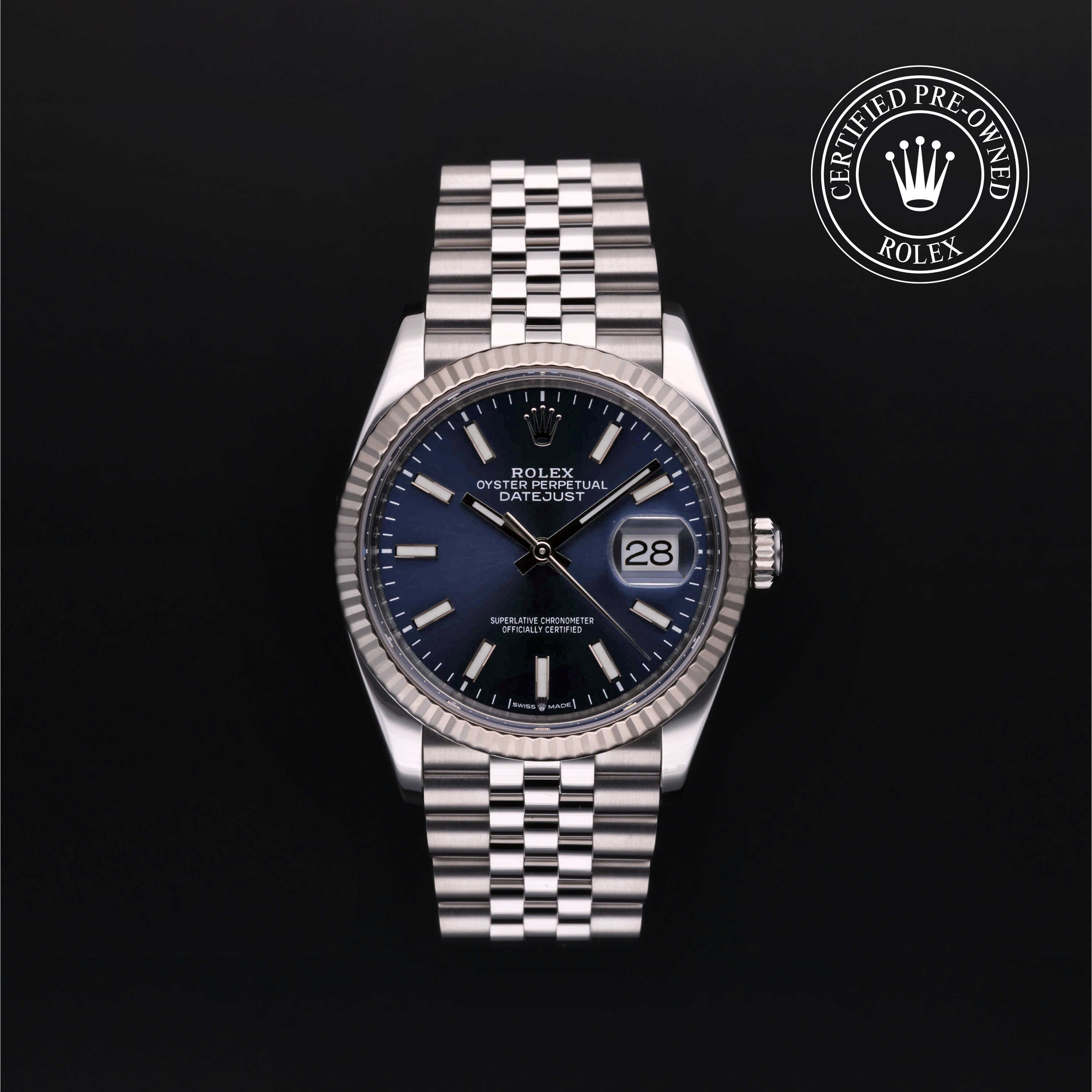 Rolex Certified Pre-owned Datejust M126234-0017 front on black background