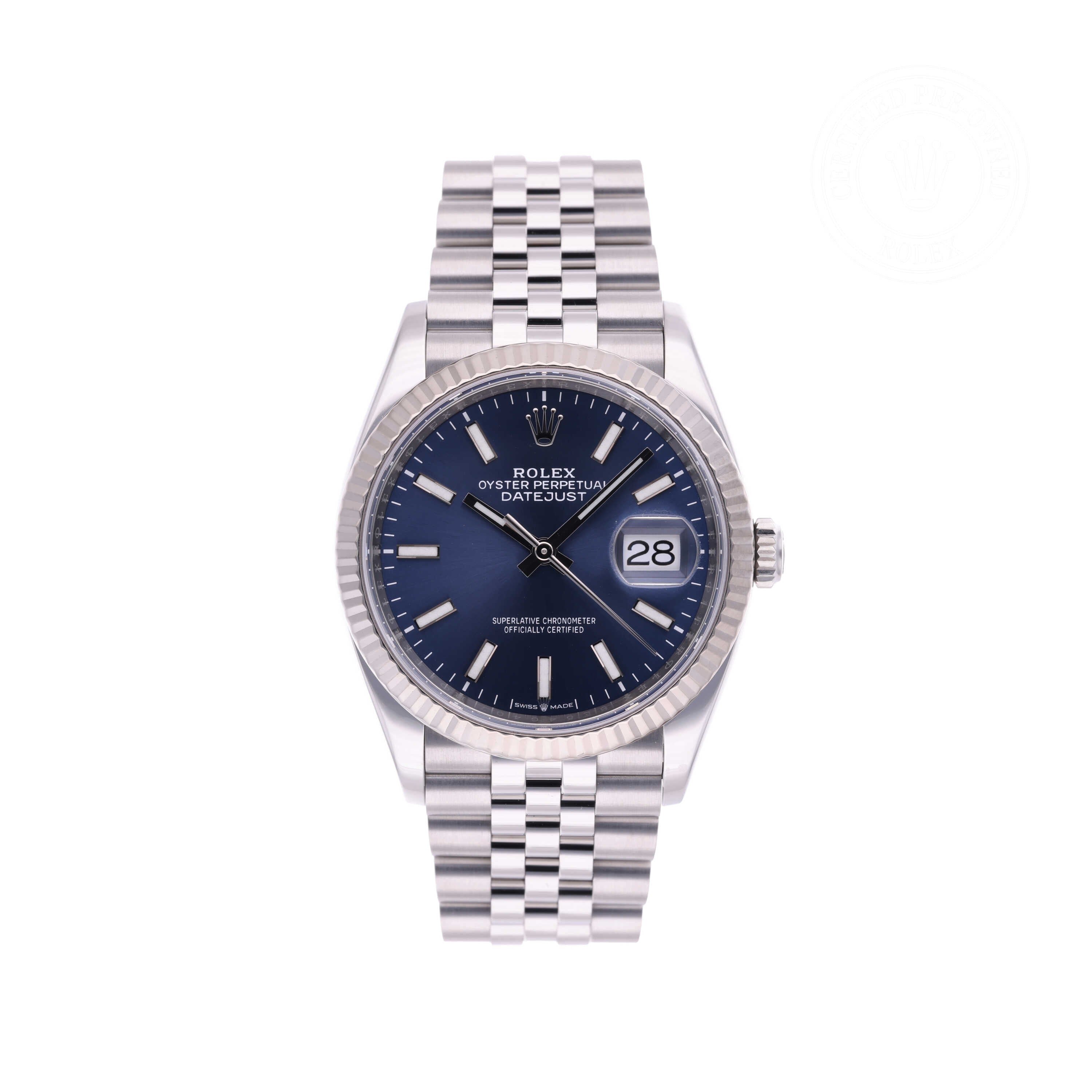 Rolex Certified Pre-owned Datejust M126234-0017 front on white background