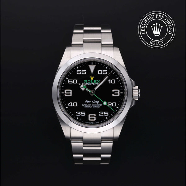 Rolex Certified Pre-owned Air-King M126900-0001 front on black background