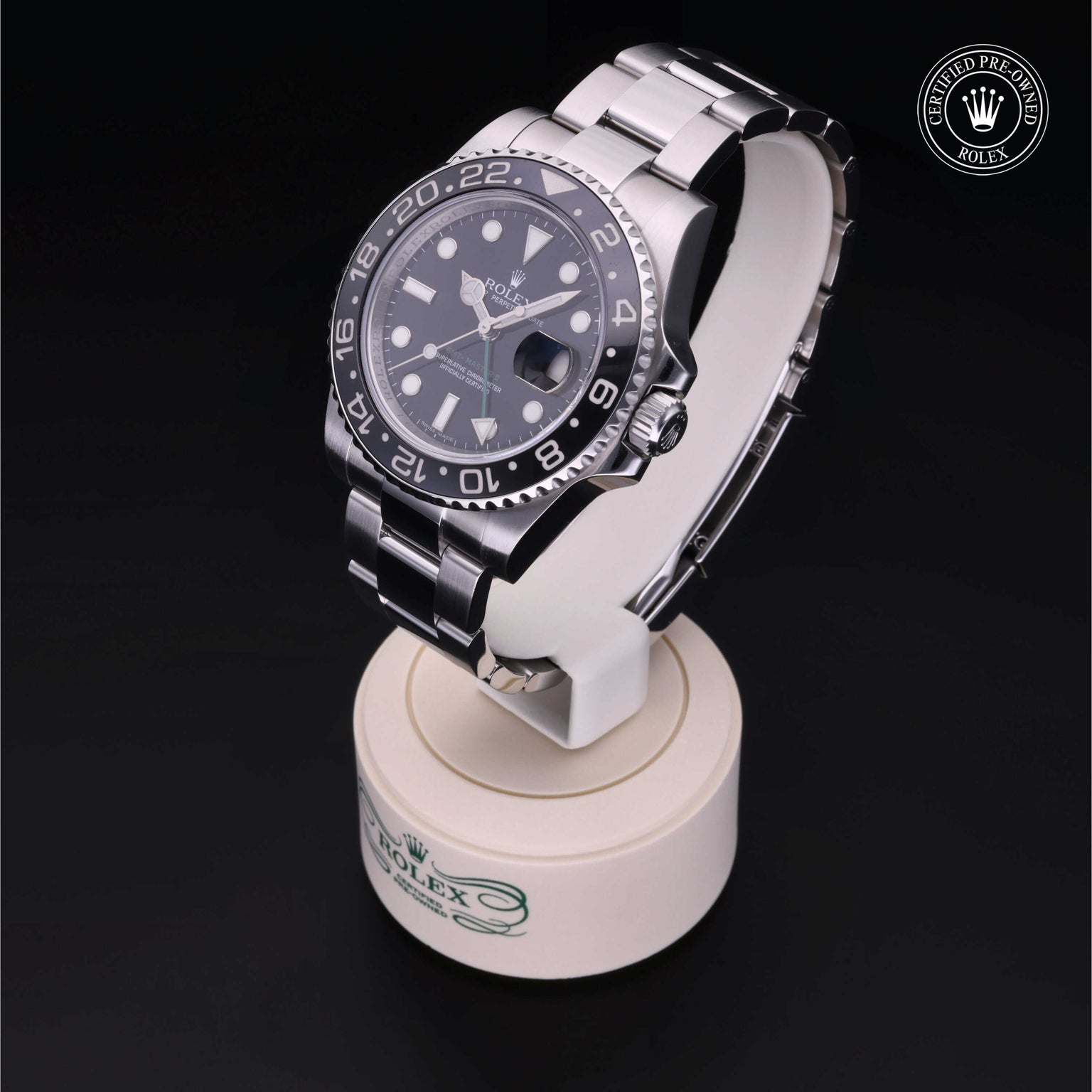 Rolex Certified Pre-owned GMT M116710LN-0001 front on black background