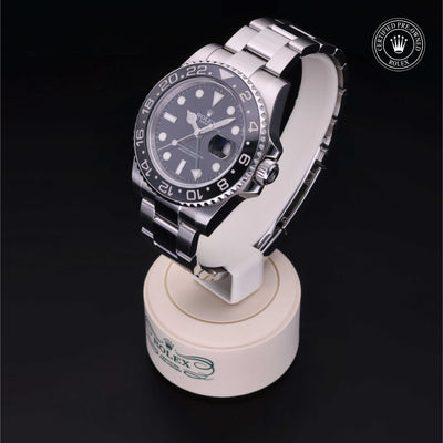 Rolex Certified Pre-owned GMT M116710LN-0001 front on black background