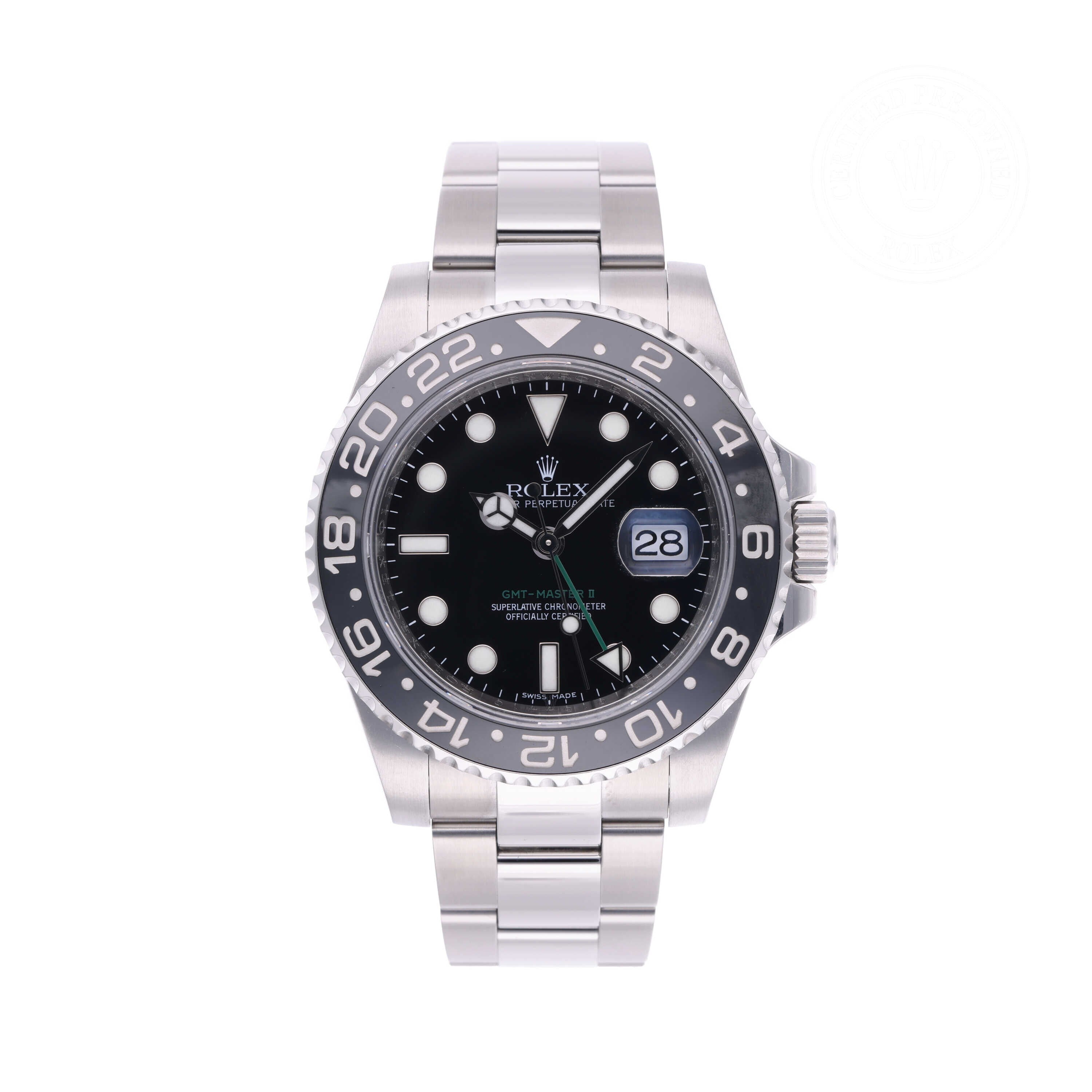 Rolex Certified Pre-owned GMT M116710LN-0001 front on white background