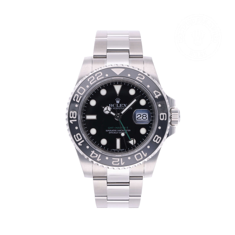 Rolex Certified Pre-owned GMT M116710LN-0001 front on white background