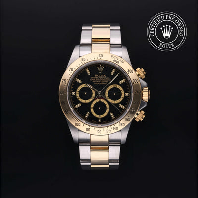 Rolex Certified Pre-owned Daytona M16523-0001 front on black background