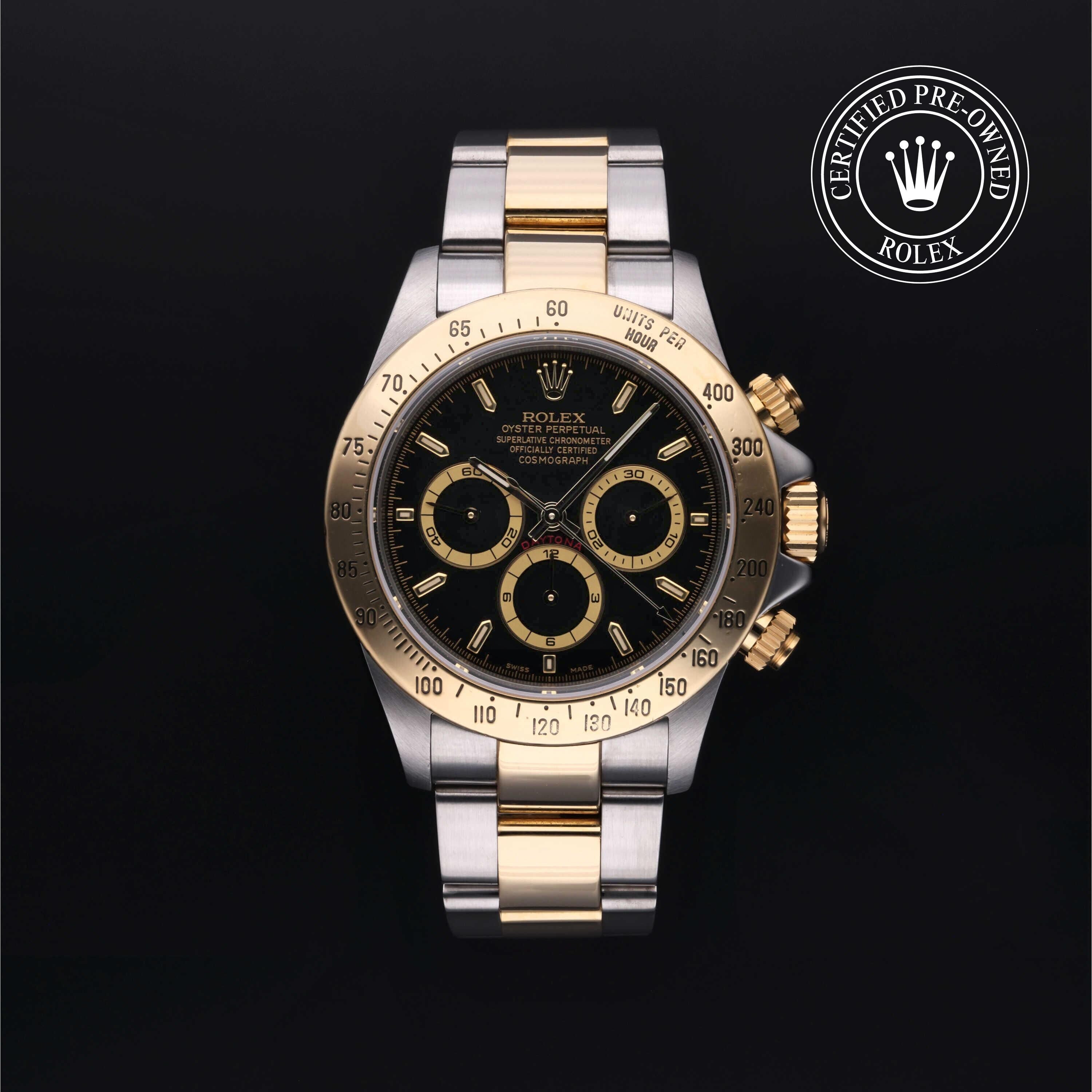 Rolex Certified Pre-owned Daytona M16523-0001 front on black background