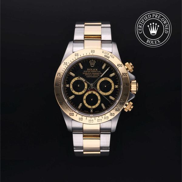 Rolex Certified Pre-owned Daytona M16523-0001 front on black background