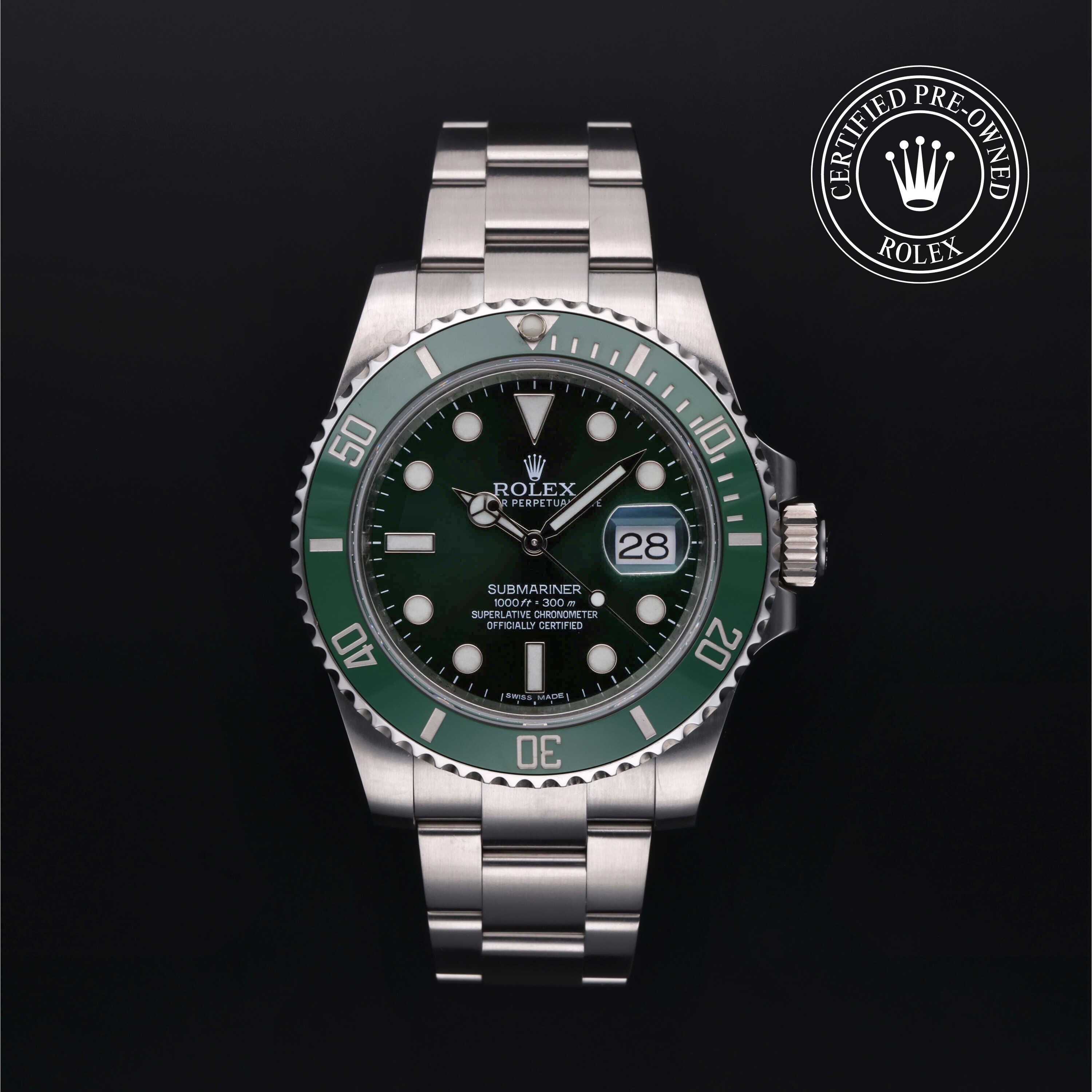 Rolex Certified Pre-owned Submariner M116610LV-0002 front on black background