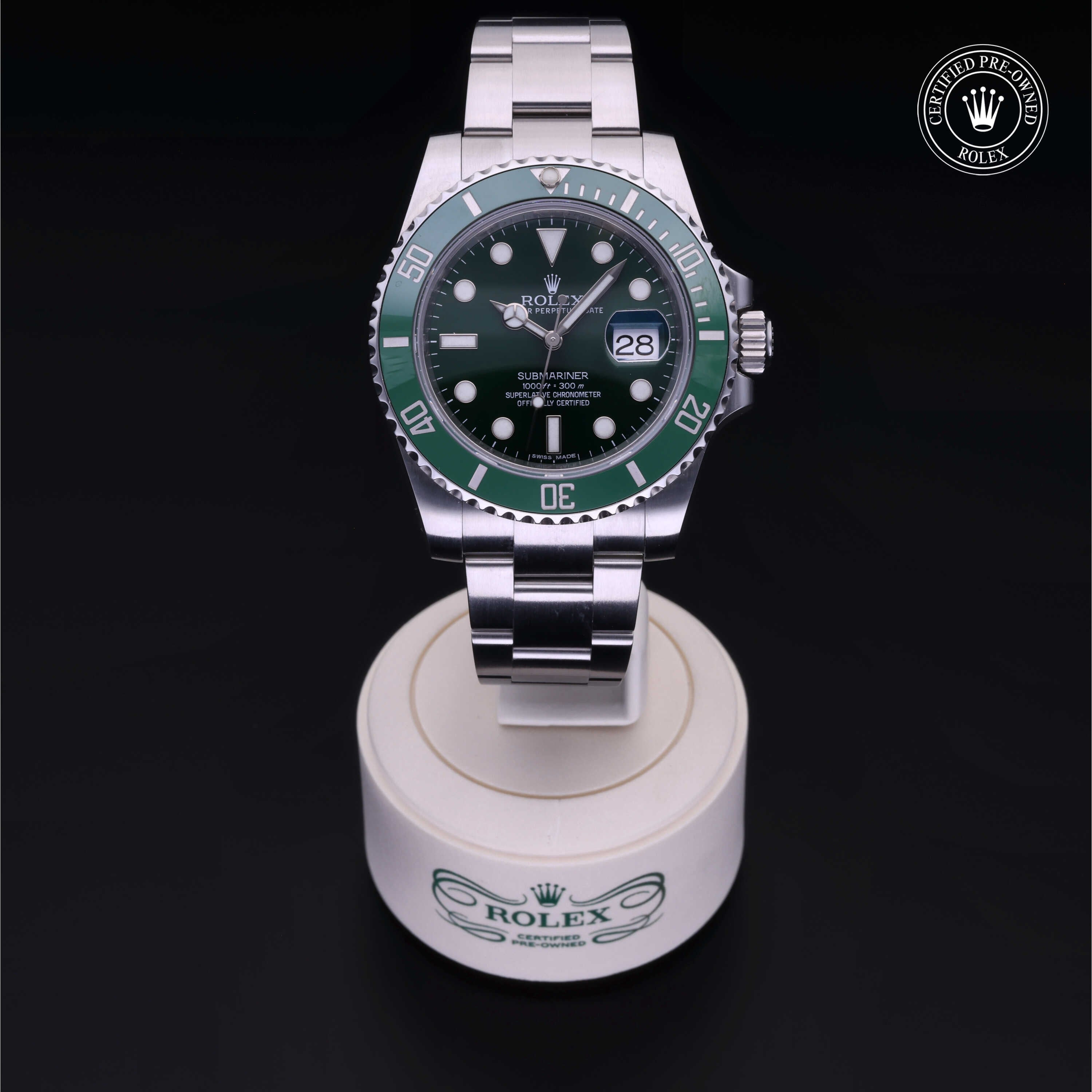 Rolex Certified Pre-owned Submariner M116610LV-0002 front on black background