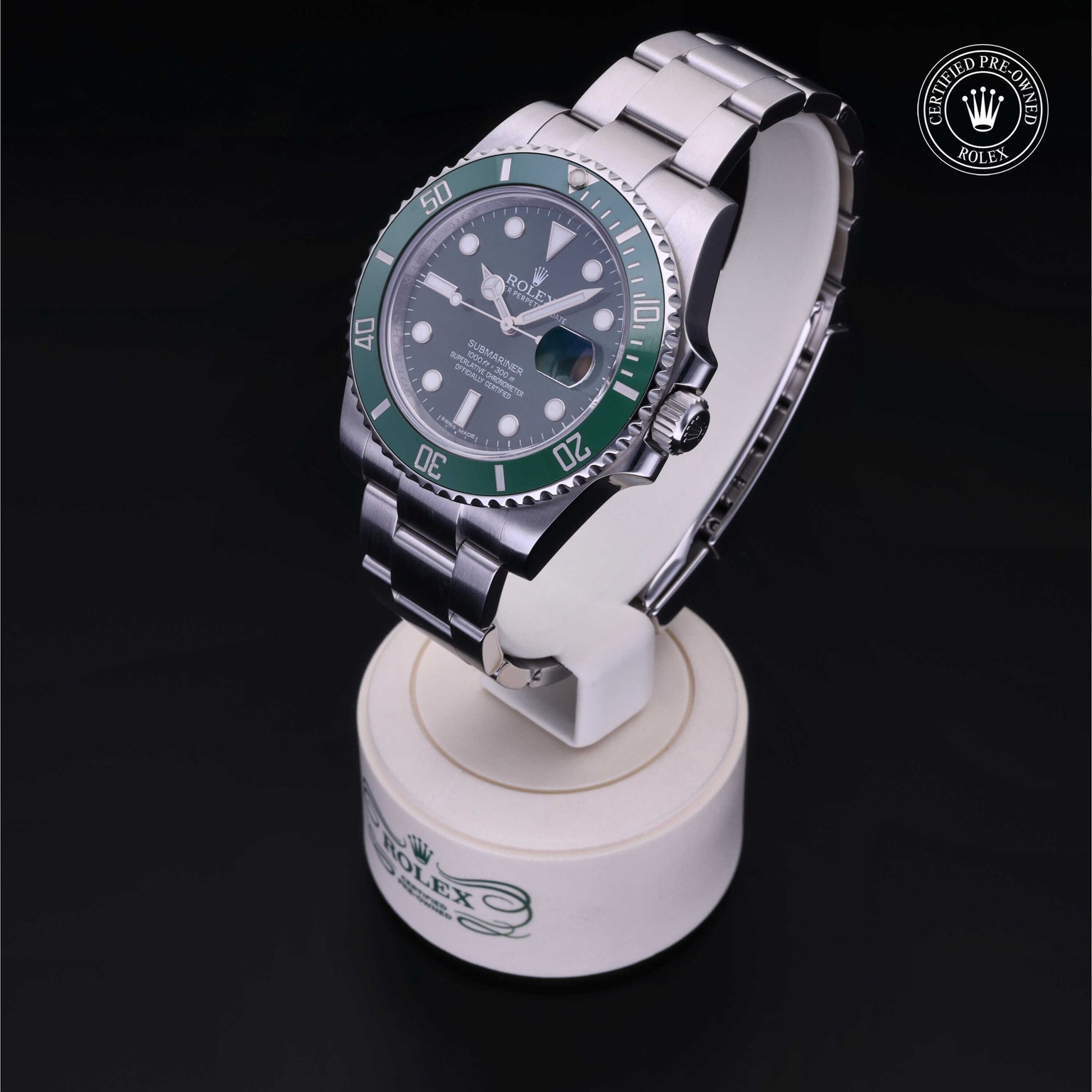 Rolex Certified Pre-owned Submariner M116610LV-0002 front on black background