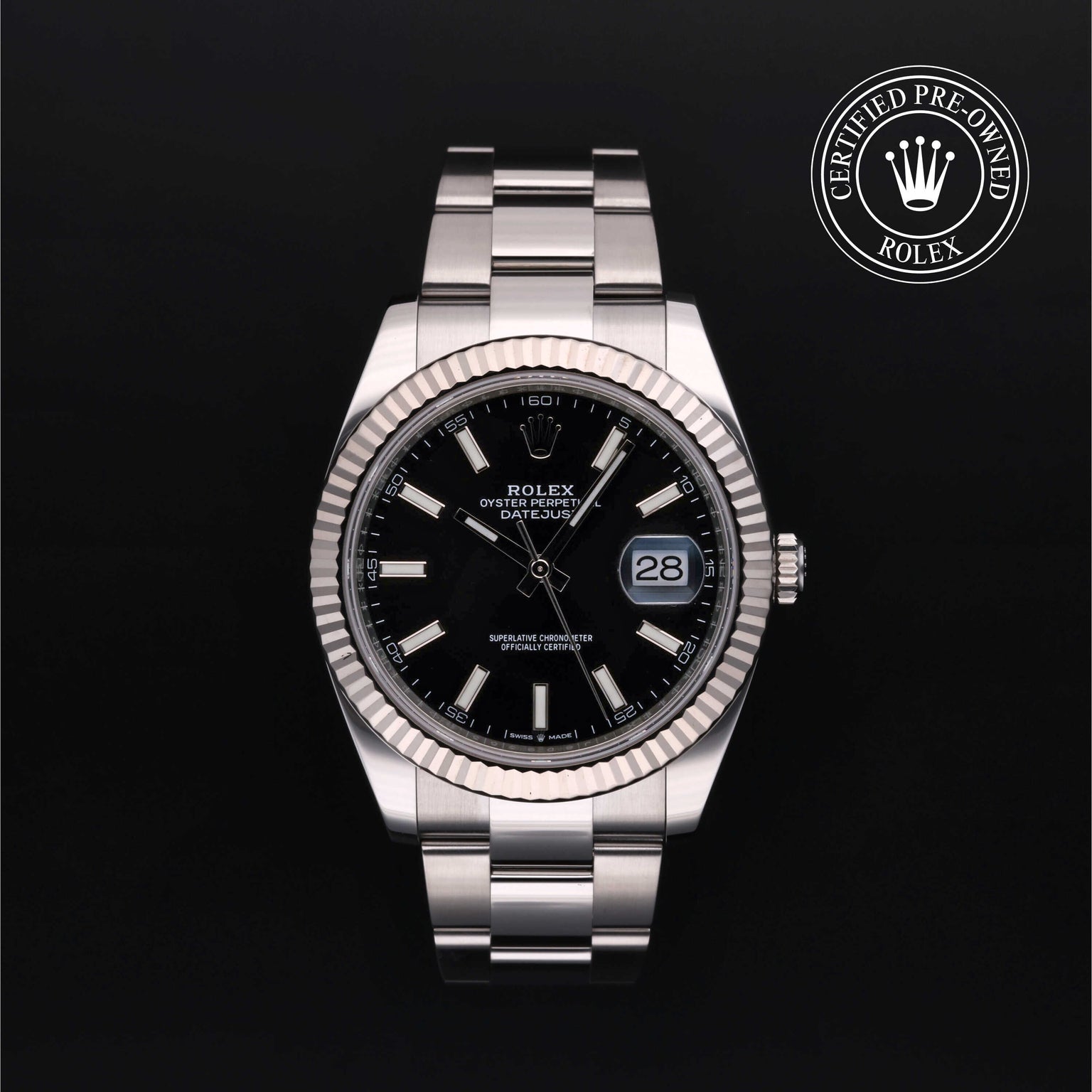 Rolex Certified Pre-owned Datejust M126334-0017 front on black background