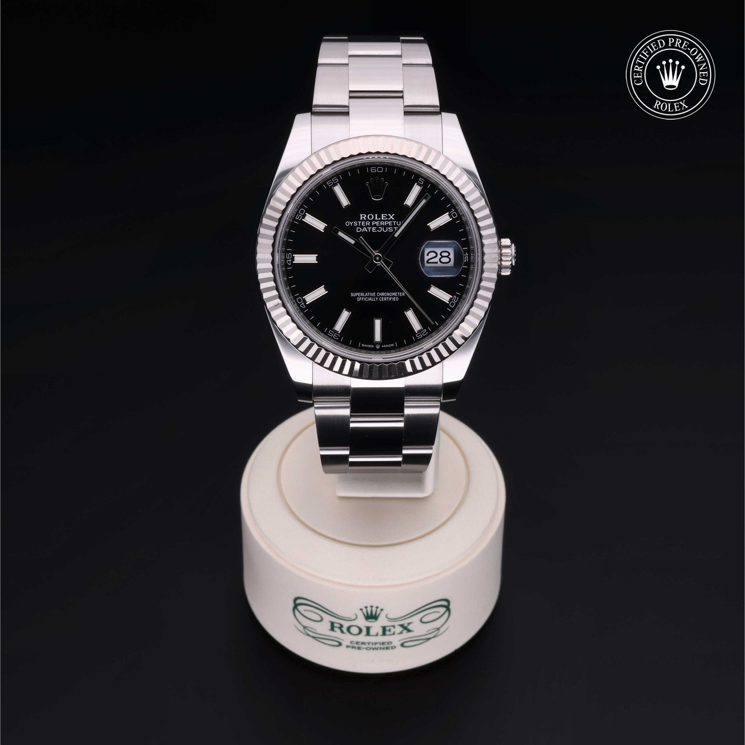 Rolex Certified Pre-owned Datejust M126334-0017 front on black background