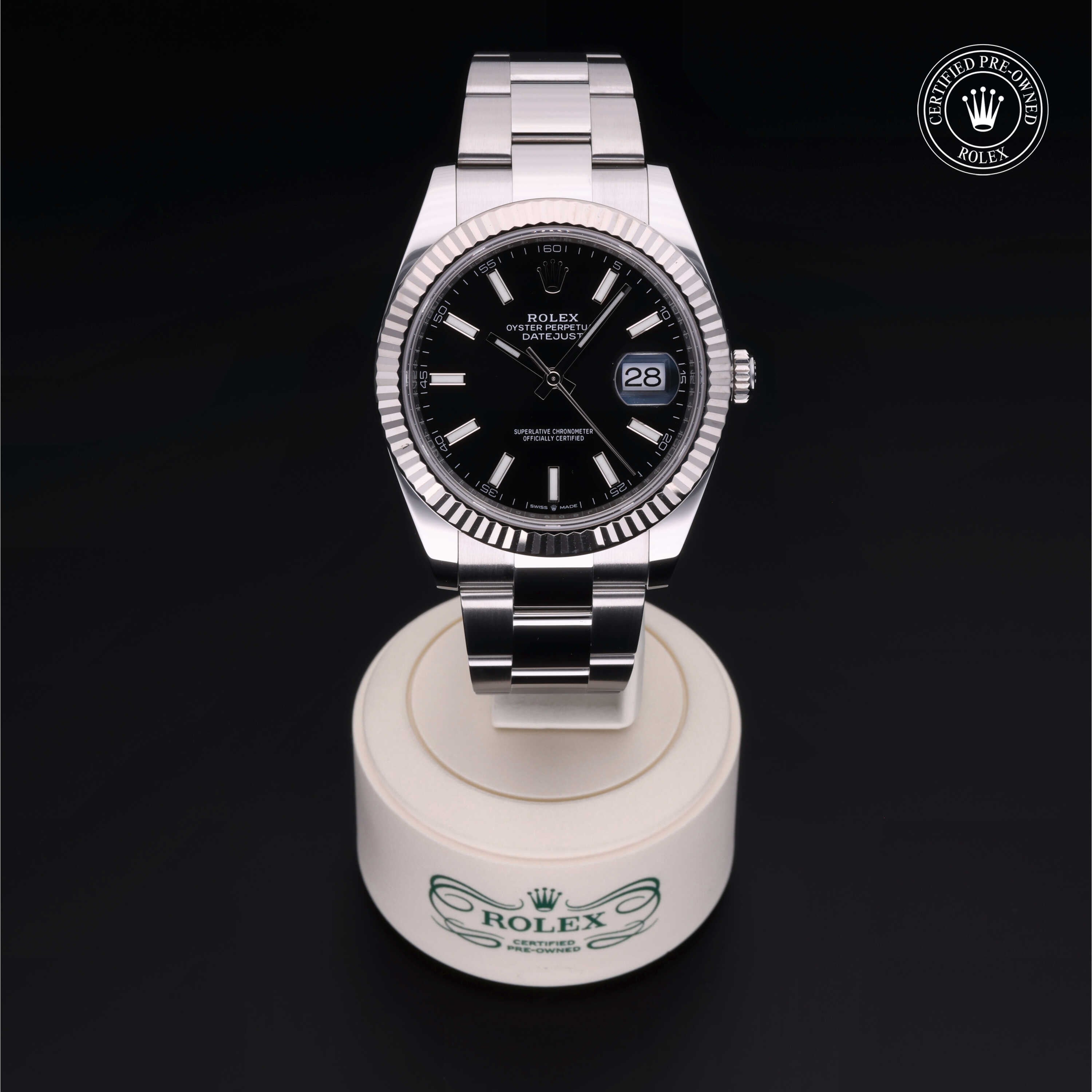 Rolex Certified Pre-owned Datejust M126334-0017 front on black background