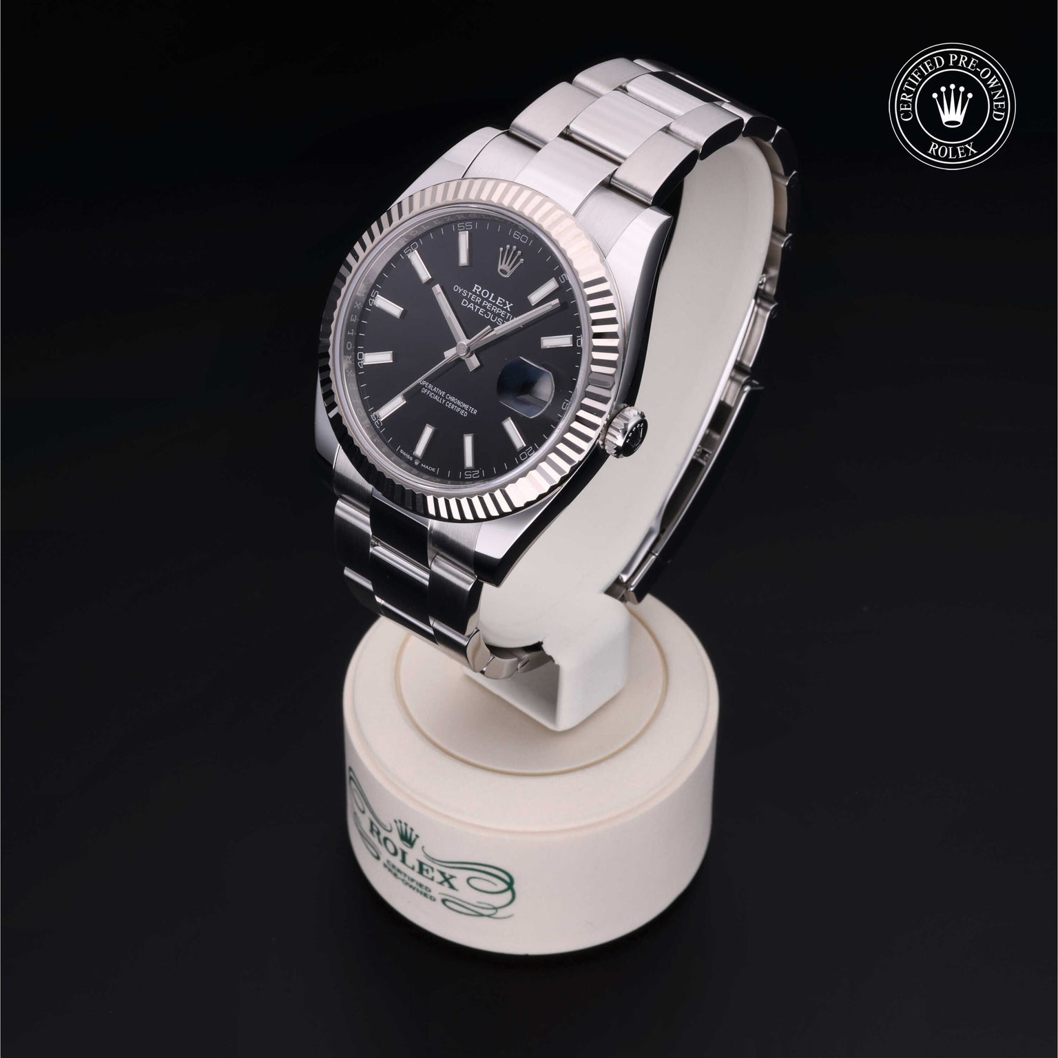 Rolex Certified Pre-owned Datejust M126334-0017 front on black background