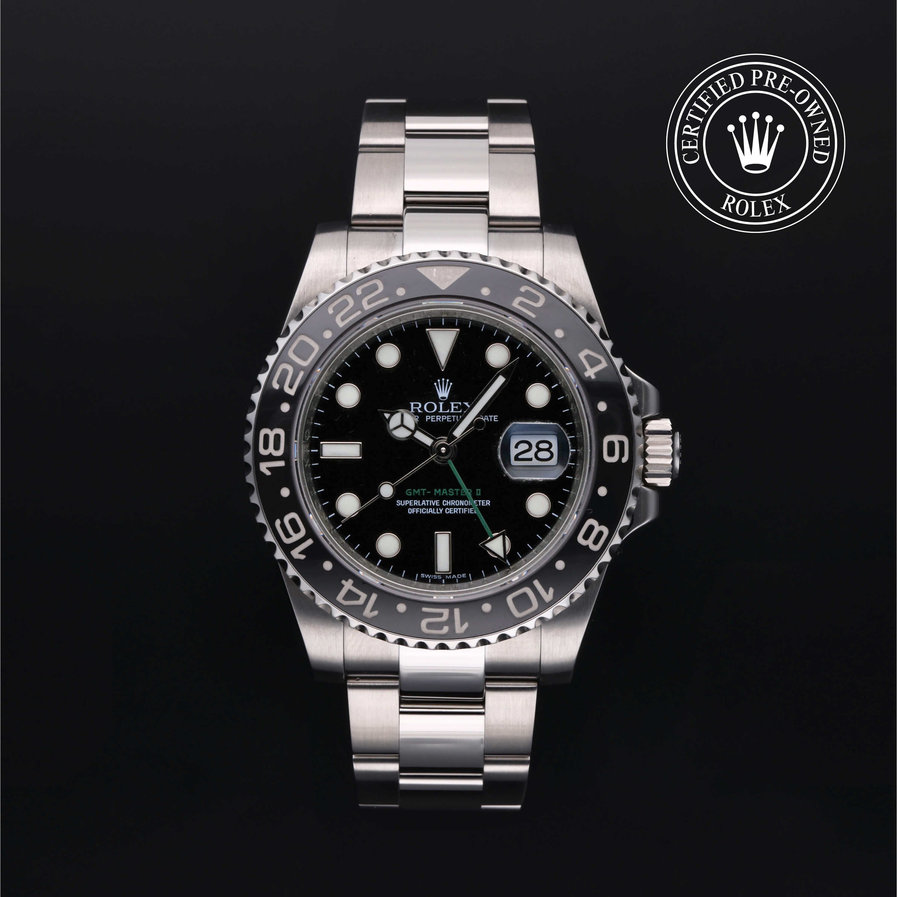 Rolex Certified Pre-owned GMT M116710LN-0001 front on black background