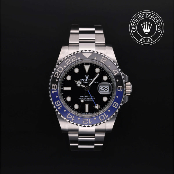 Rolex Certified Pre-owned GMT M126710BLNR-0003 front on black background