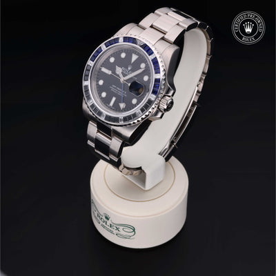Rolex Certified Pre-owned GMT M116749SABLNR-0001 front on black background