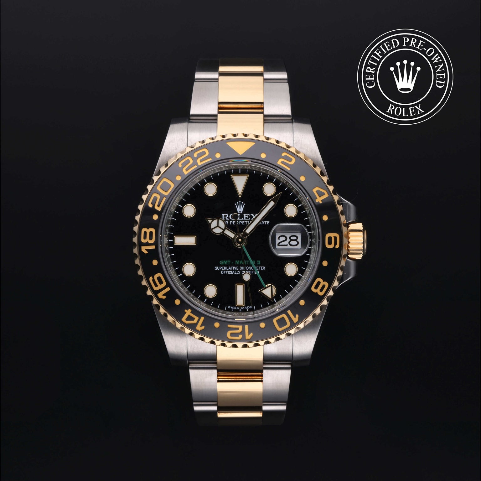 Rolex Certified Pre-owned GMT M116713LN-0001 front on black background