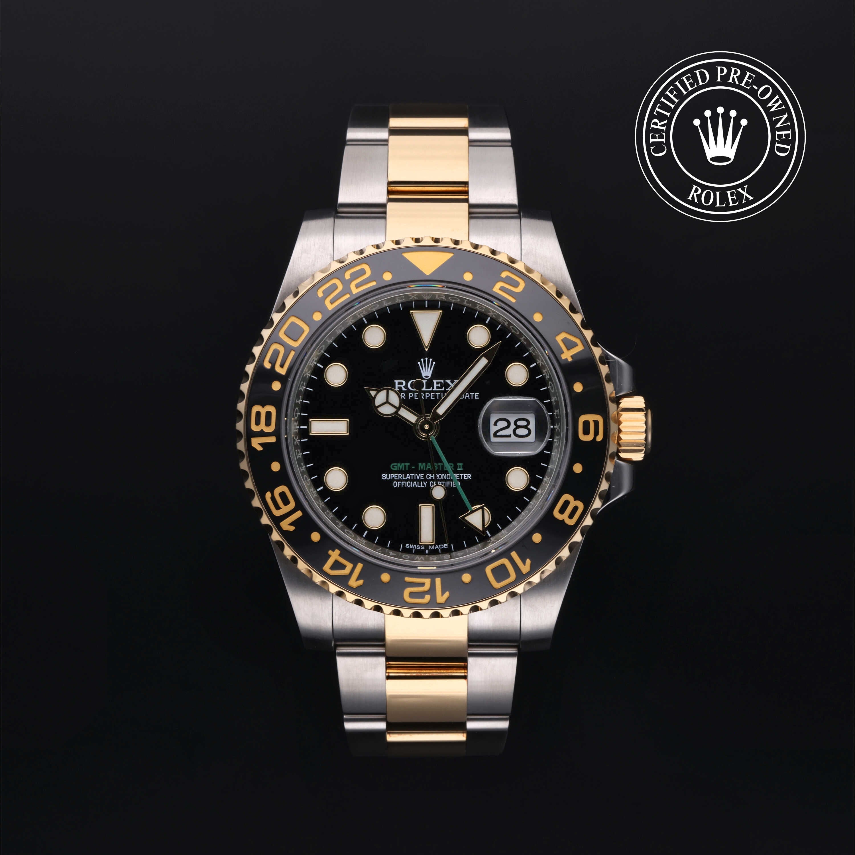 Rolex Certified Pre-owned GMT M116713LN-0001 front on black background