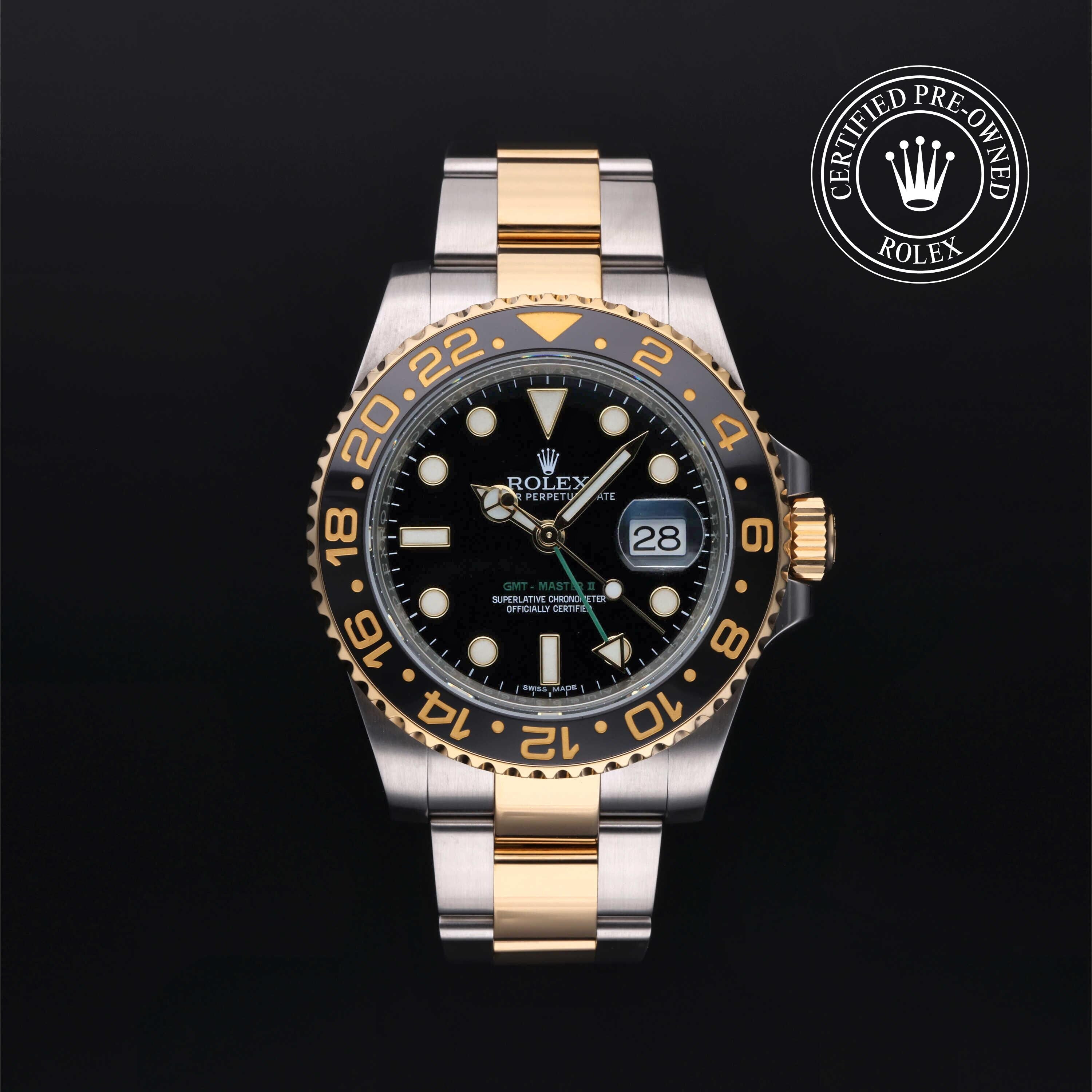 Rolex Certified Pre-owned GMT M116713LN-0001 front on black background