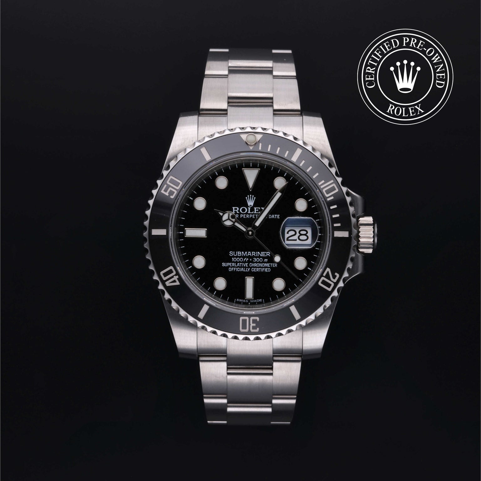 Rolex Certified Pre-owned Submariner M116610LN-0001 front on black background