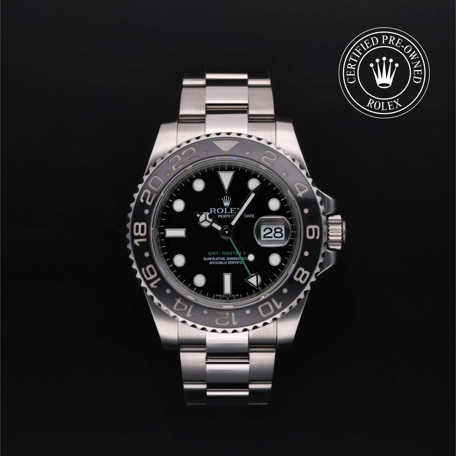 Rolex Certified Pre-owned GMT M116710LN-0001 front on black background