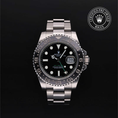 Rolex Certified Pre-owned GMT M116710LN-0001 front on black background