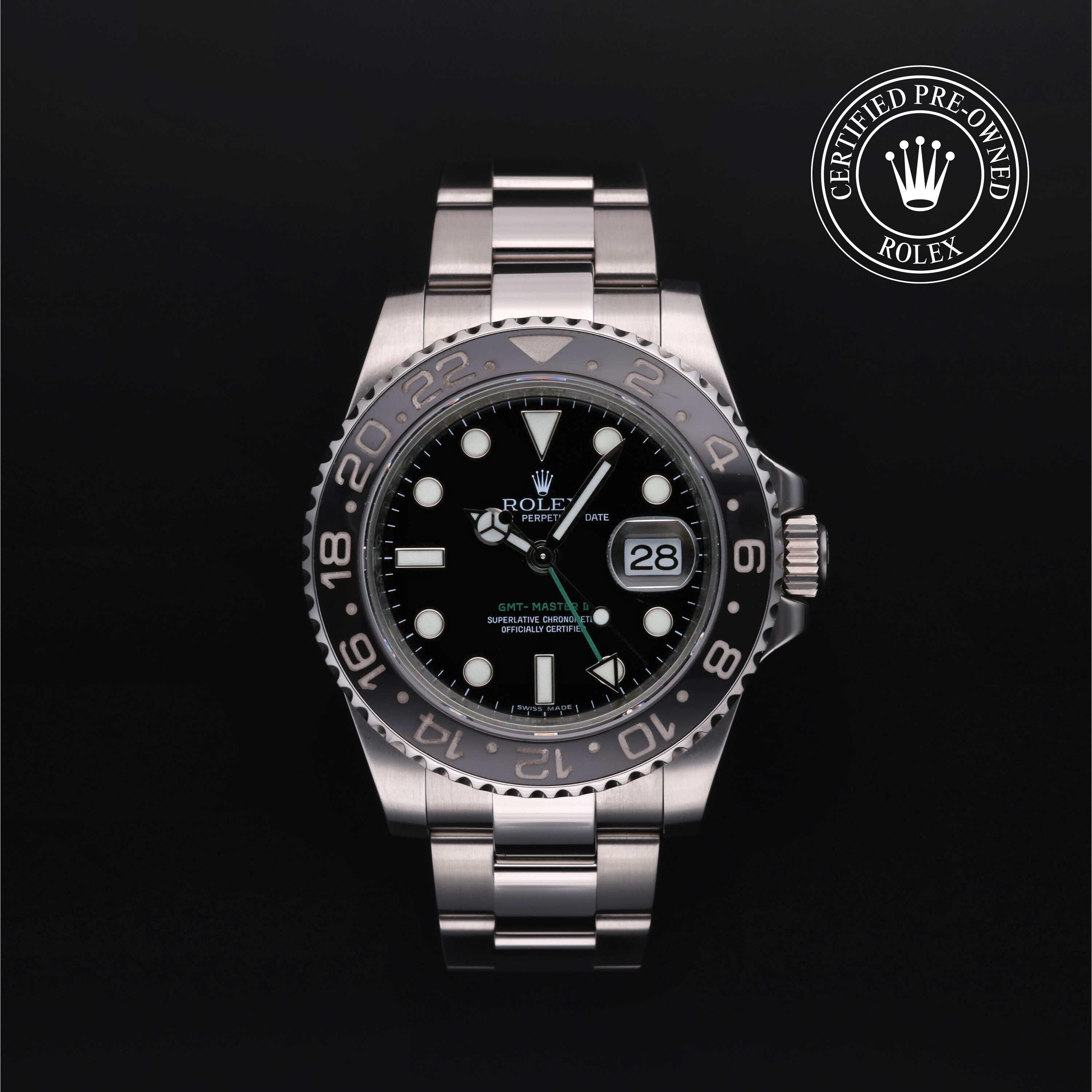 Rolex Certified Pre-owned GMT M116710LN-0001 front on black background