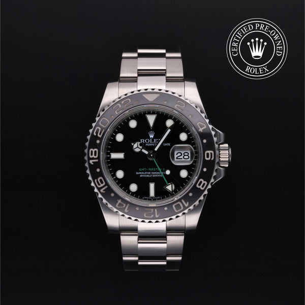 Rolex Certified Pre-owned GMT M116710LN-0001 front on black background