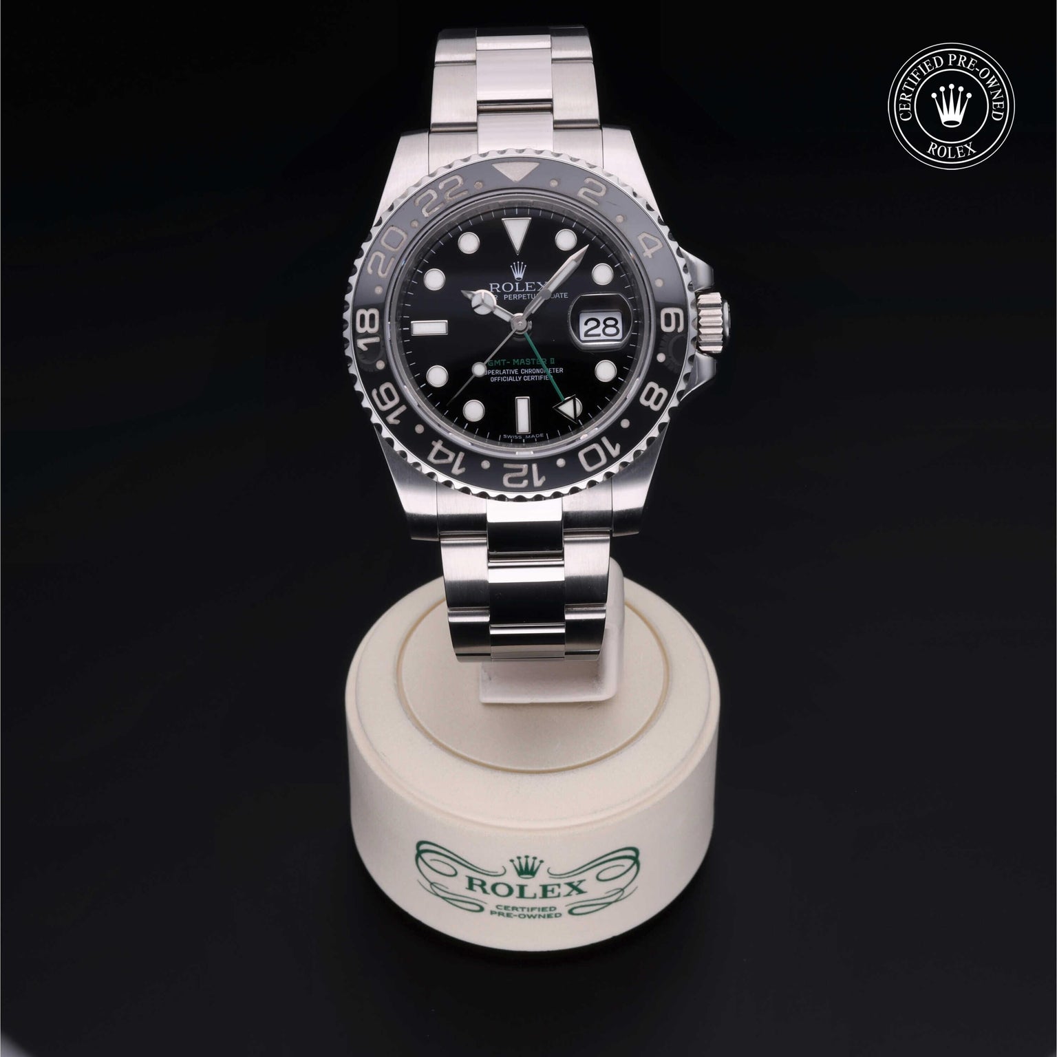 Rolex Certified Pre-owned GMT M116710LN-0001 front on black background
