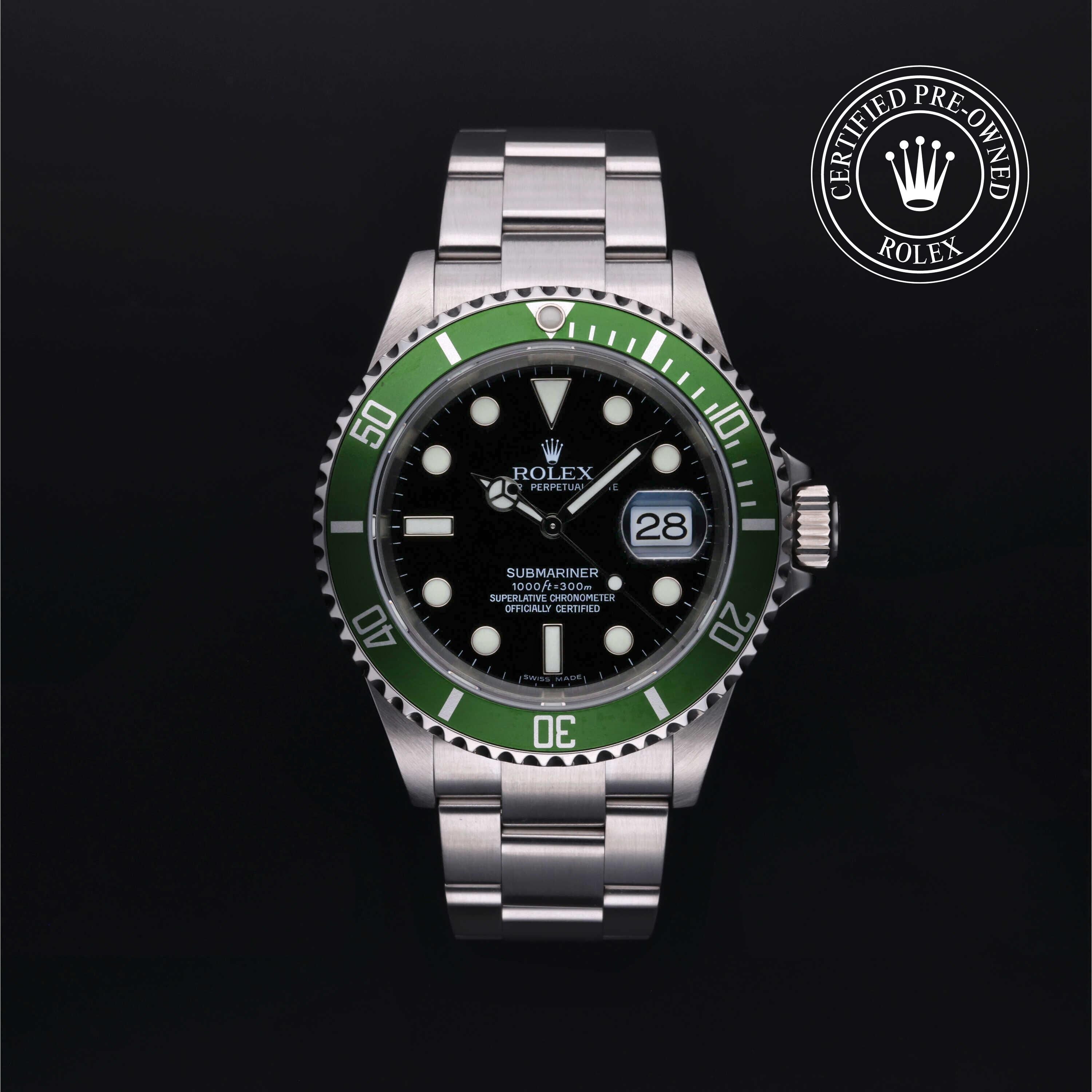 Rolex Certified Pre-owned Submariner M16610LV-0002 front on black background