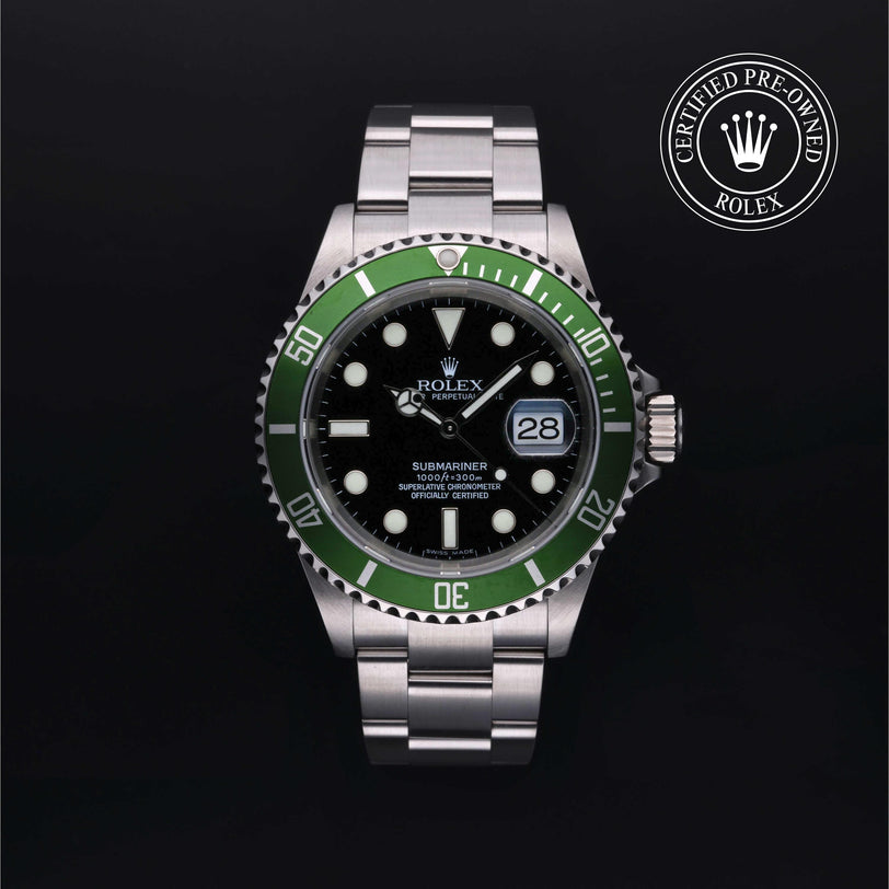 Rolex Certified Pre-owned Submariner M16610LV-0002 front on black background