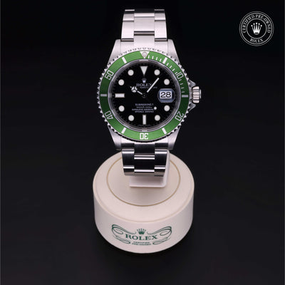 Rolex Certified Pre-owned Submariner M16610LV-0002 front on black background