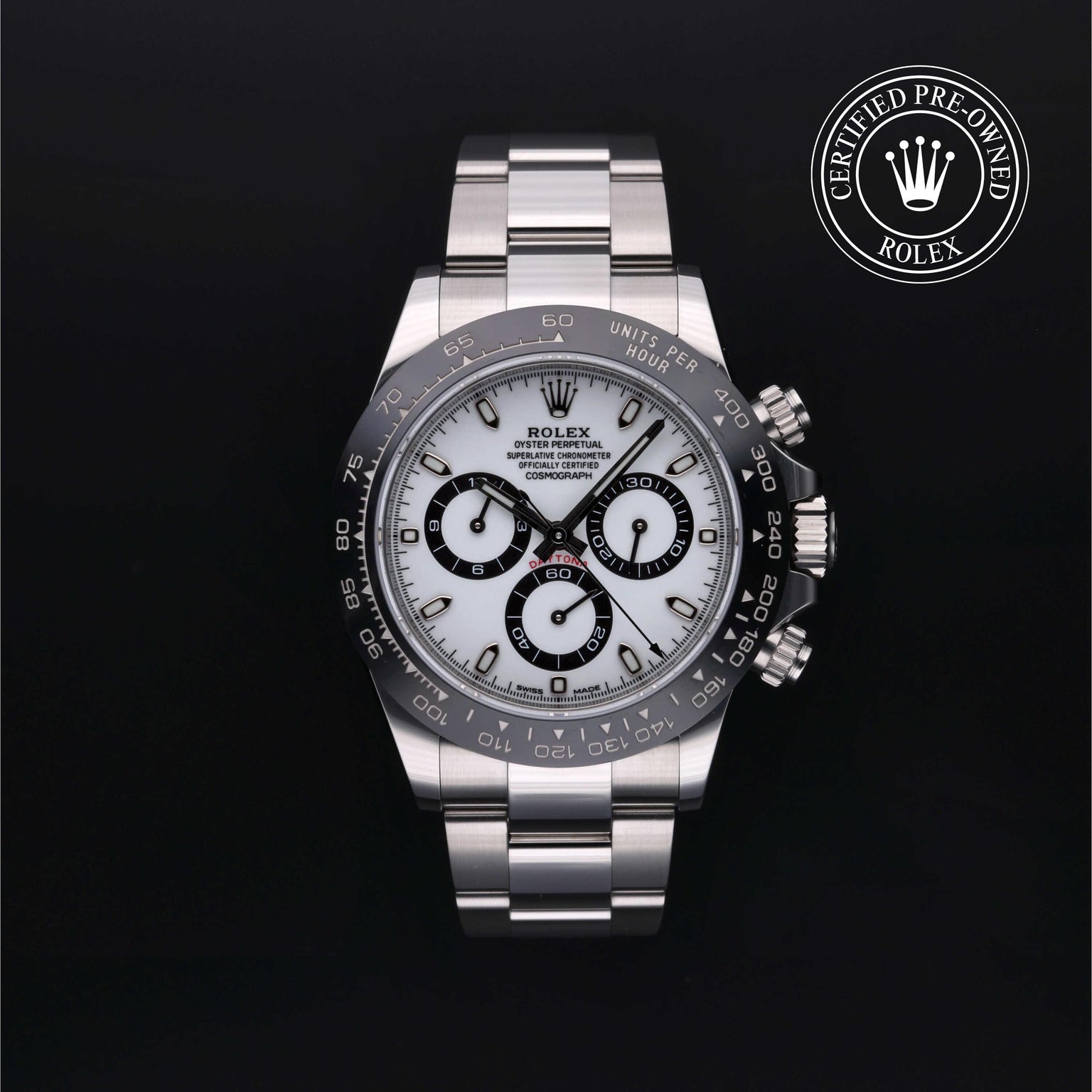 Rolex Certified Pre-owned Daytona M116500LN-0001 front on black background
