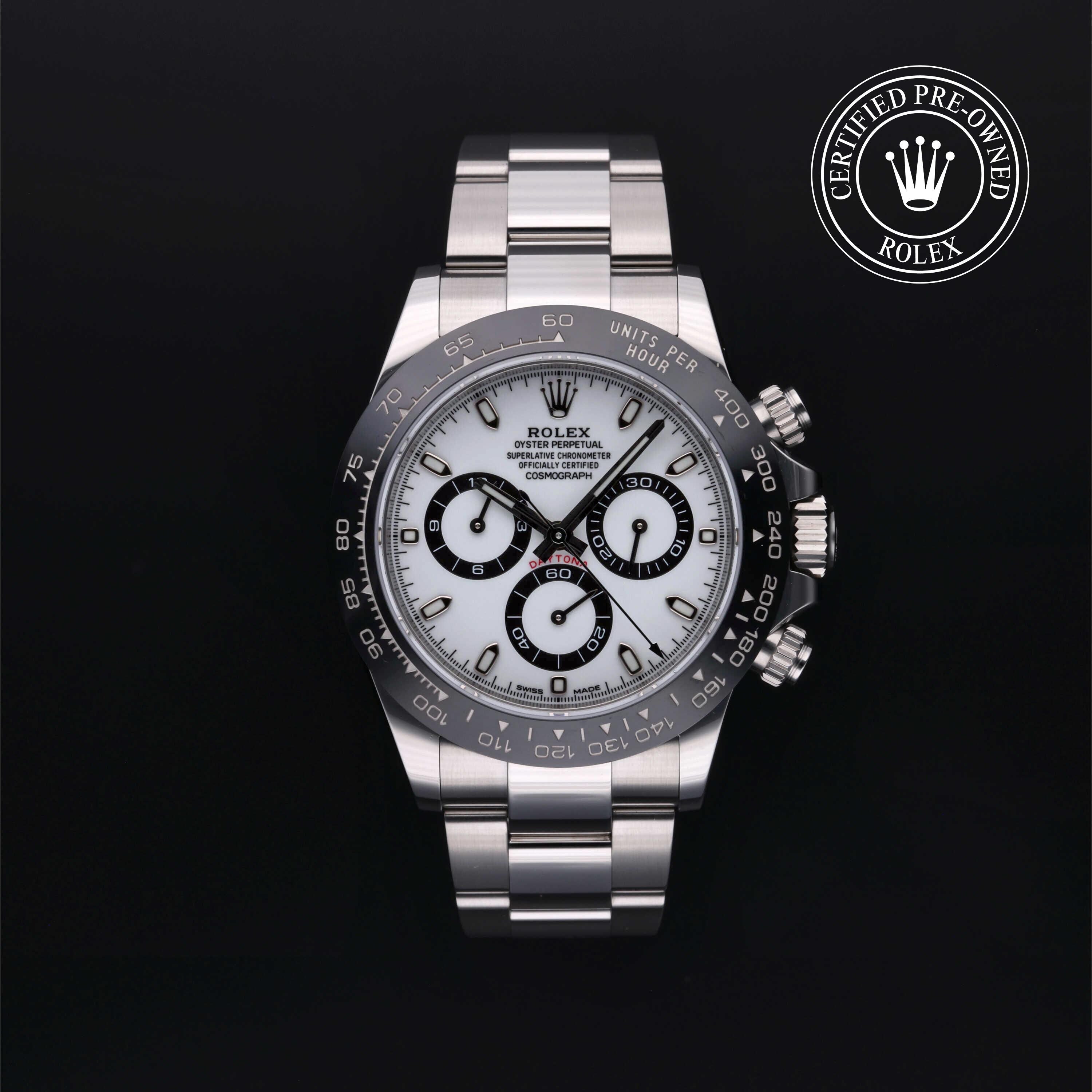 Rolex Certified Pre-owned Daytona M116500LN-0001 front on black background