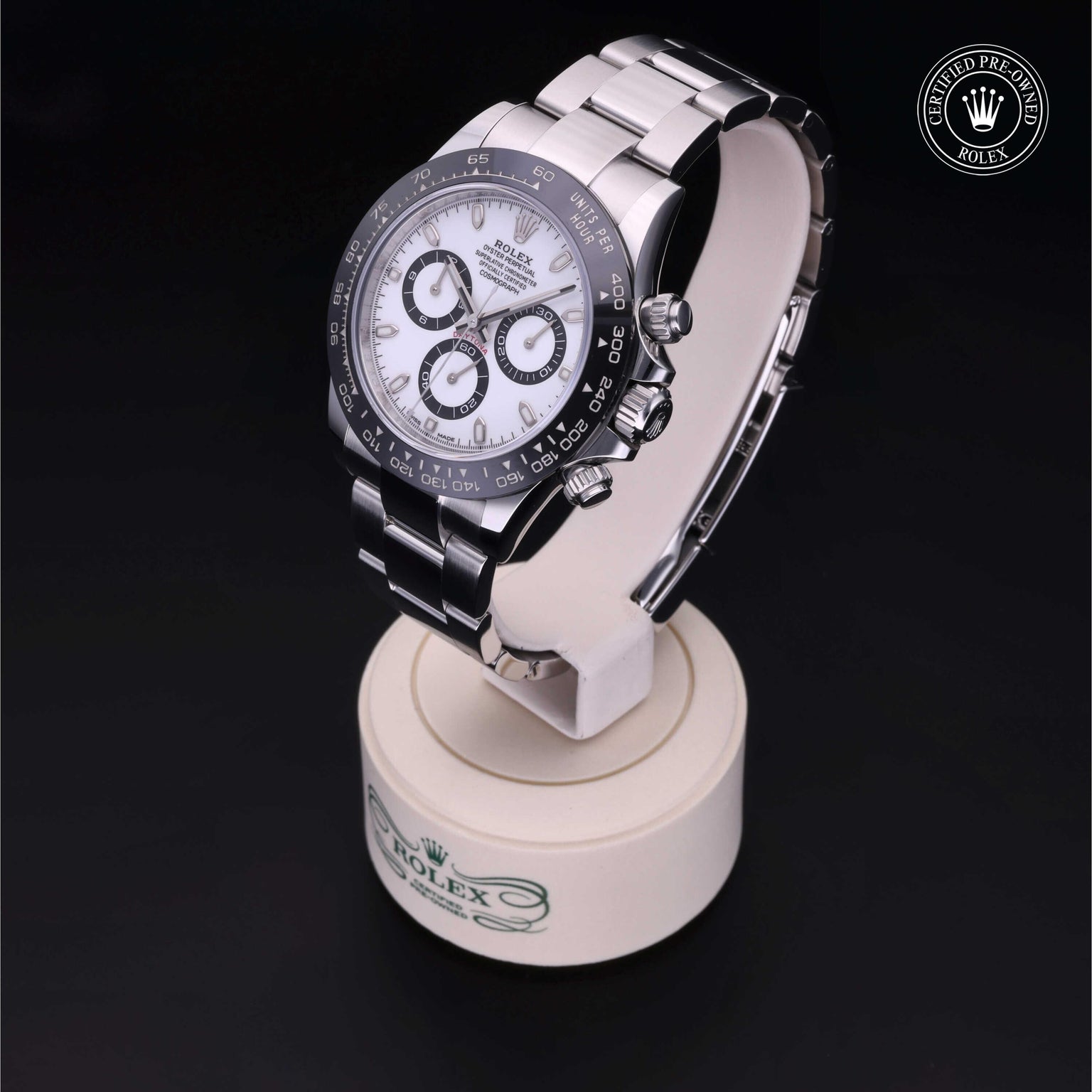 Rolex Certified Pre-owned Daytona M116500LN-0001 front on black background